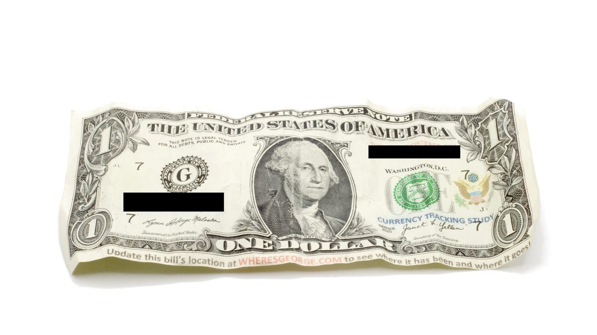 This is a Series 2021 United States one-dollar bill registered by the currency tracking project Where's George. The serial numbers have been censored